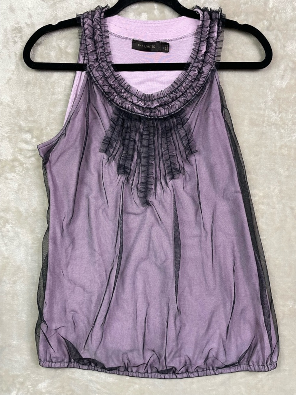 The Limited Purple Sleeveless Top Black Mesh Overlay & Ruffle Neck Y2K Witchy